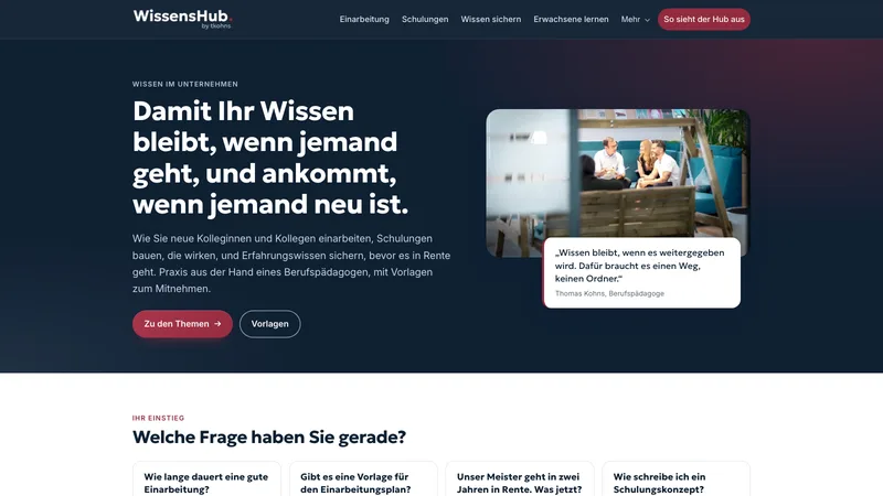 Startseite des Fachportals wissenshub.de zu Wissen im Unternehmen
